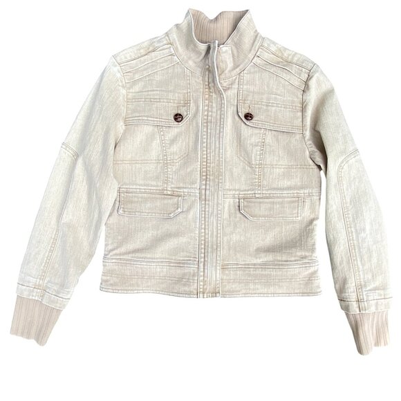 DJ Washed Denim Bomber Jacket Tan Utility Distressed Aviator Pilot Y2K 90s-M - Picture 1 of 16